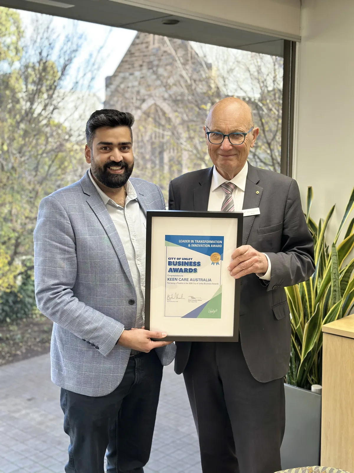 Keen Care receiving the City of Unley Business Awards Transformation and Innovation award