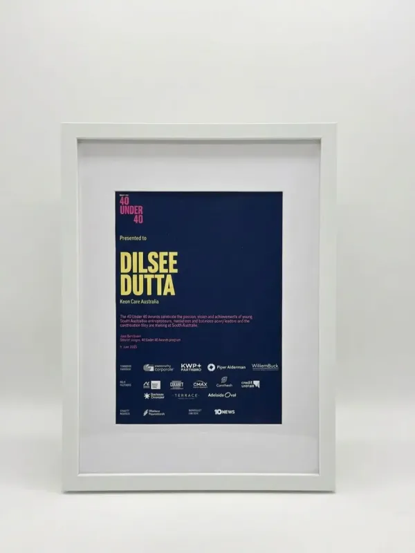 Dilsee Dutta 40 Under 40 framed certificate